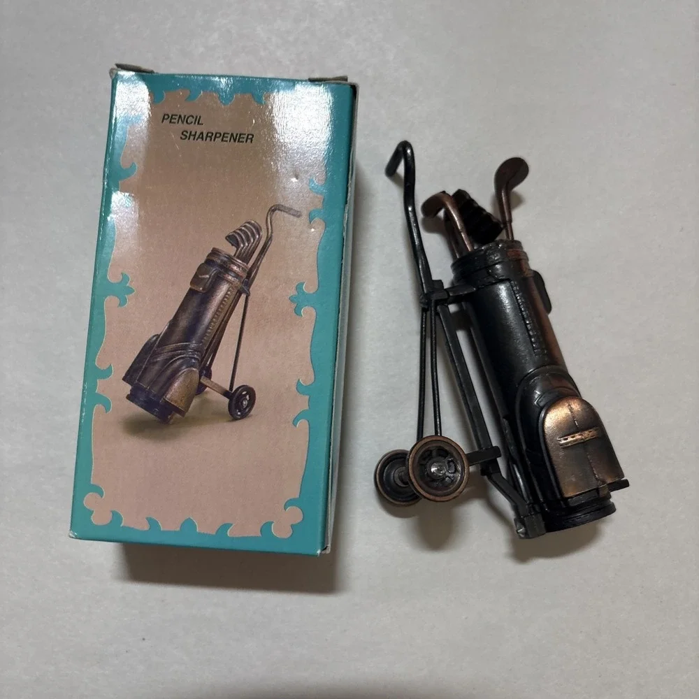 VTG Mini Pencil Sharpener Bronze Die Cast Metal Golf Bag Clubs /w Box EUC